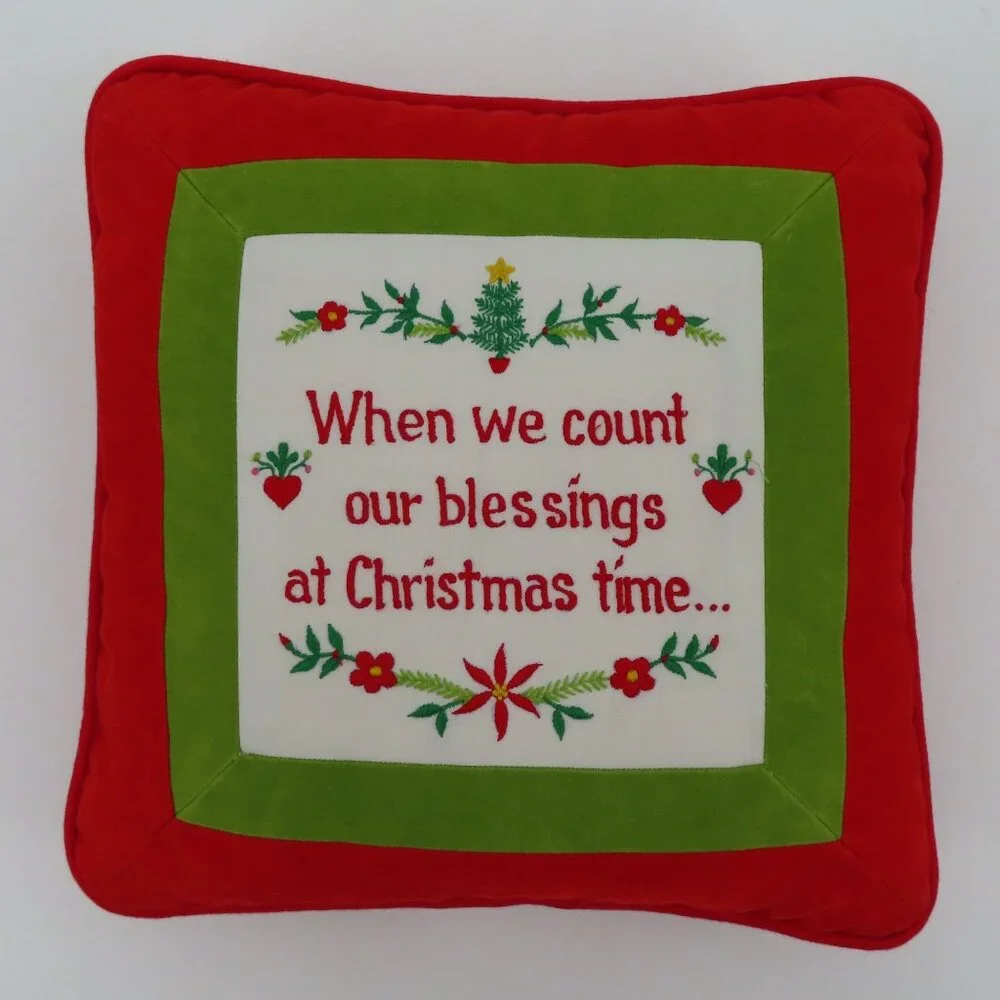 VTG Silvestri Merry Christmas Embroidered Green Red Square Holiday Throw Pillow